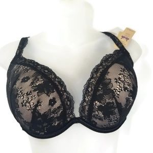 Cacique Black Floral Lace Plunge Bra 36DDD NEW